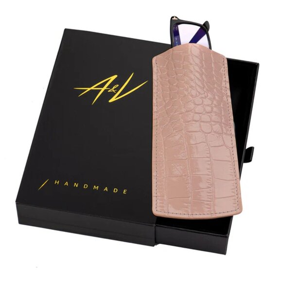 Authentic Calfskin Alligator‑Texture Glasses Pouch - Concentrated Latte - Picture 2 of 3